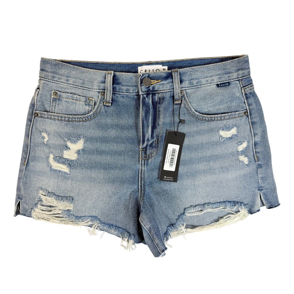 Cello Opal Denim Shorts Distressed Raw Hem Mid Rise Womens Medium NWT Sz 30